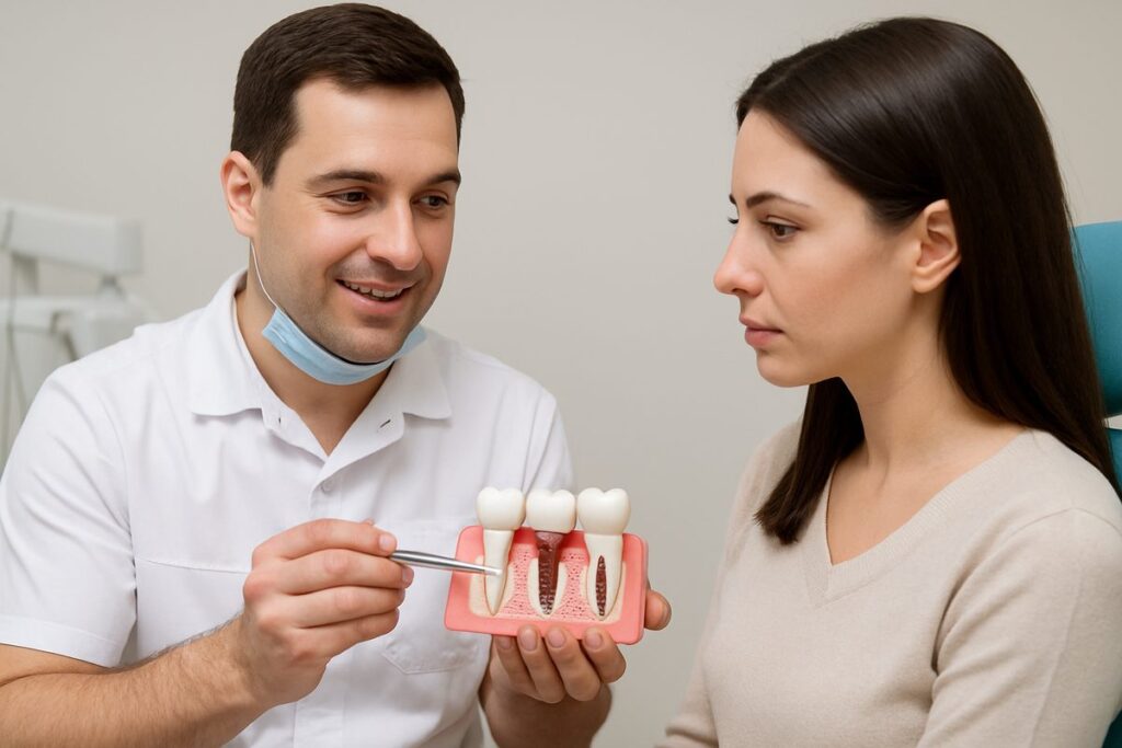A dentist is shown explaining the dental implantation process to a patient, using a model of a jaw with implants. No text on the image.