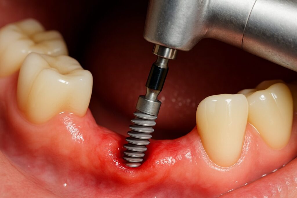 Close up shot of a dental implant fixture being placed into a patient's lower jawbone. No text on the image.