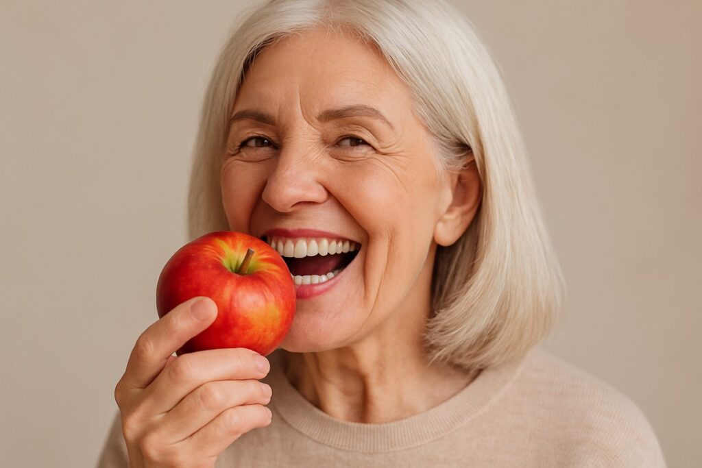Image of a smiling senior woman with dental implants, confidently eating an apple. No text on image.