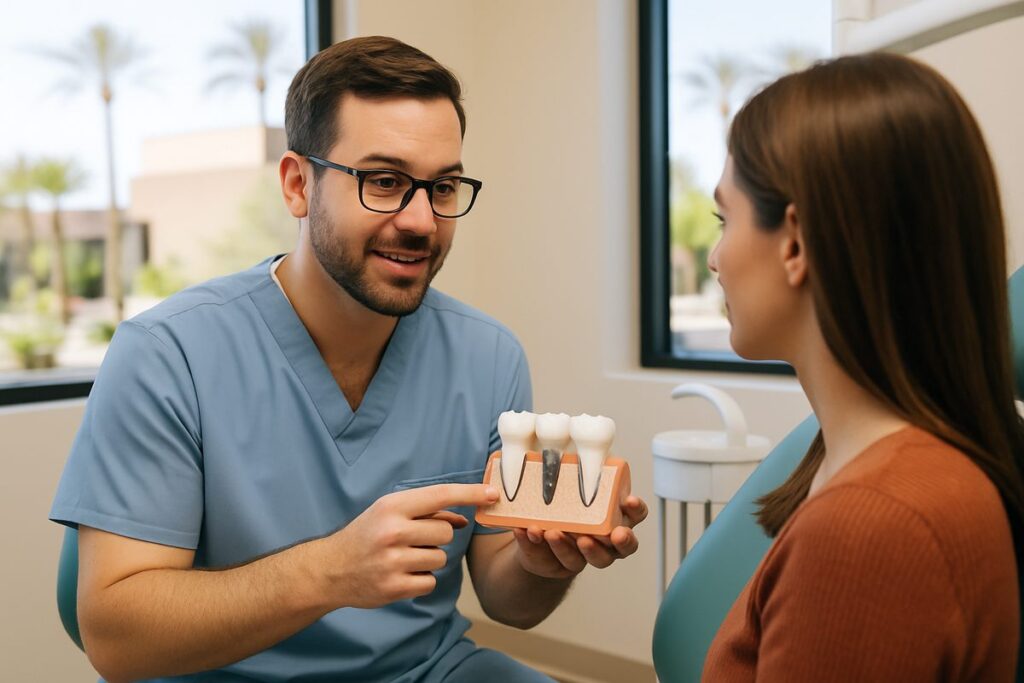 Image of a dentist in Phoenix, AZ, explaining the molar dental implant procedure to a patient, using a 3D model of a jaw with implants. No text on image.