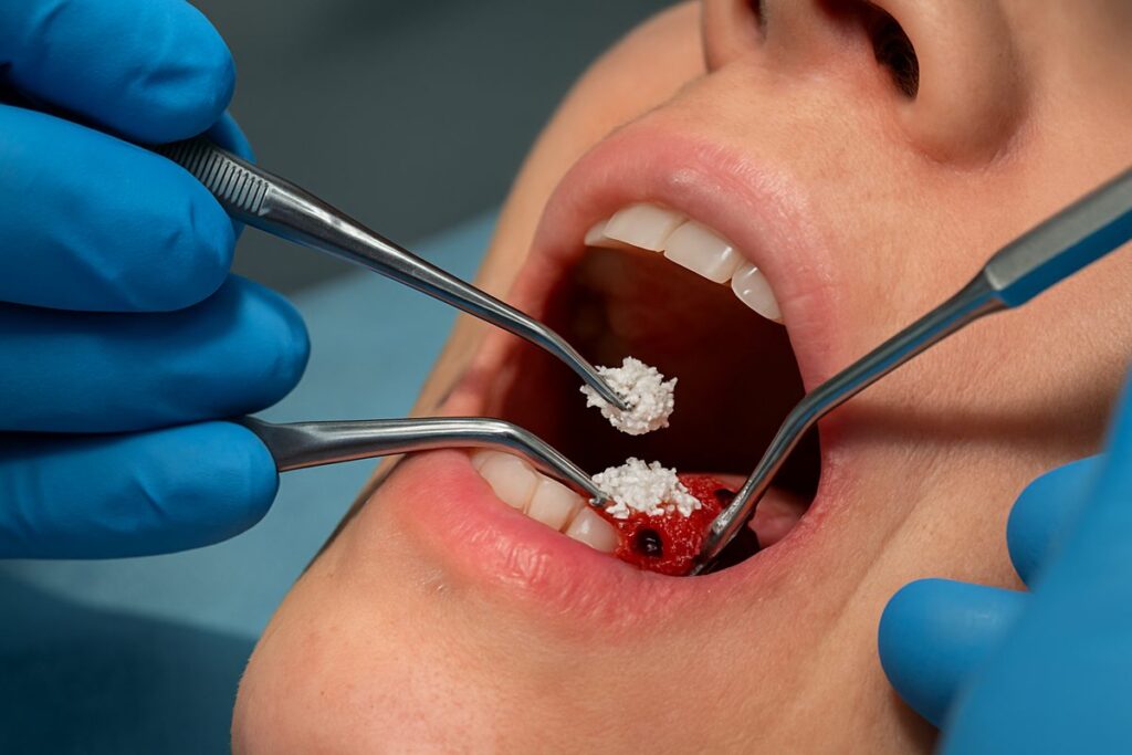 A dental professional is carefully placing bone grafting material onto a patient's jawbone in preparation for a dental implant. The surgical instruments are visible, and the focus is on the precision of the bone grafting procedure. No text on image.