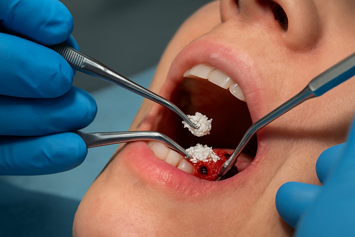 A dental professional is carefully placing bone grafting material onto a patient's jawbone in preparation for a dental implant. The surgical instruments are visible, and the focus is on the precision of the bone grafting procedure. No text on image.
