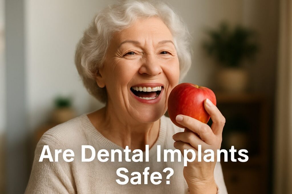 A smiling senior woman is happily eating an apple, showcasing the functionality of her dental implants. Overlaying text says "Are Dental Implants Safe?".