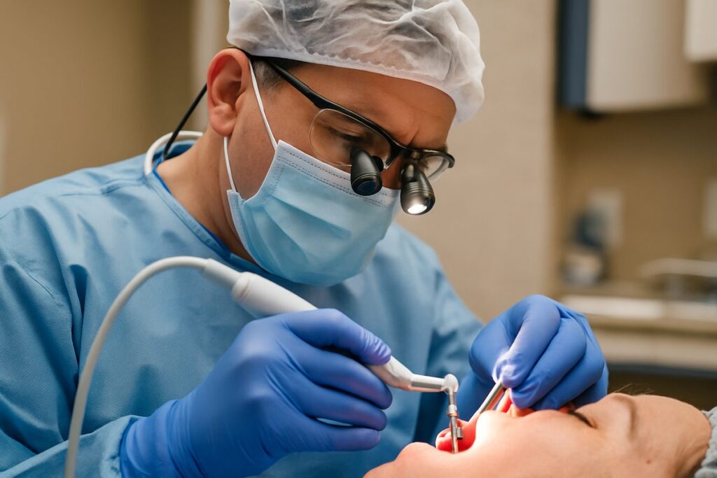 Close-up image of a dentist in Phoenix, AZ, carefully performing implant surgery, showcasing the precision and technology involved in modern dental implants. No text on the image.