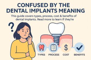 Close-up image of a dental implant being placed in a patient's jawbone. The text on the image says "What is a Dental Implant?".