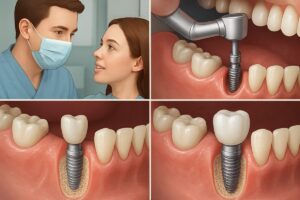 Image depicting a step-by-step process of how a dental implant is done, showcasing the initial consultation, implant placement, healing phase, and final crown restoration. No text on the image.