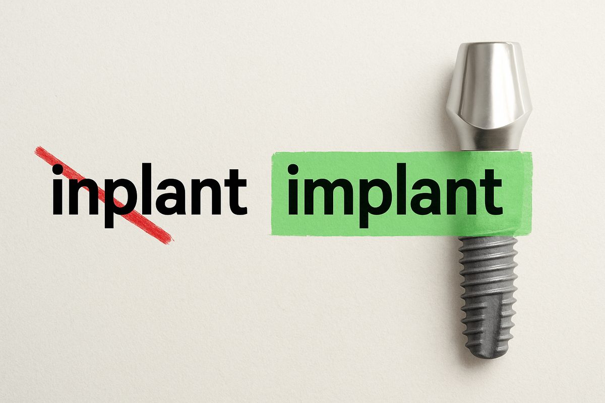 A side-by-side comparison of the words "inplant" crossed out in red and the word "implant" highlighted in green, next to a modern dental implant. No text on image.