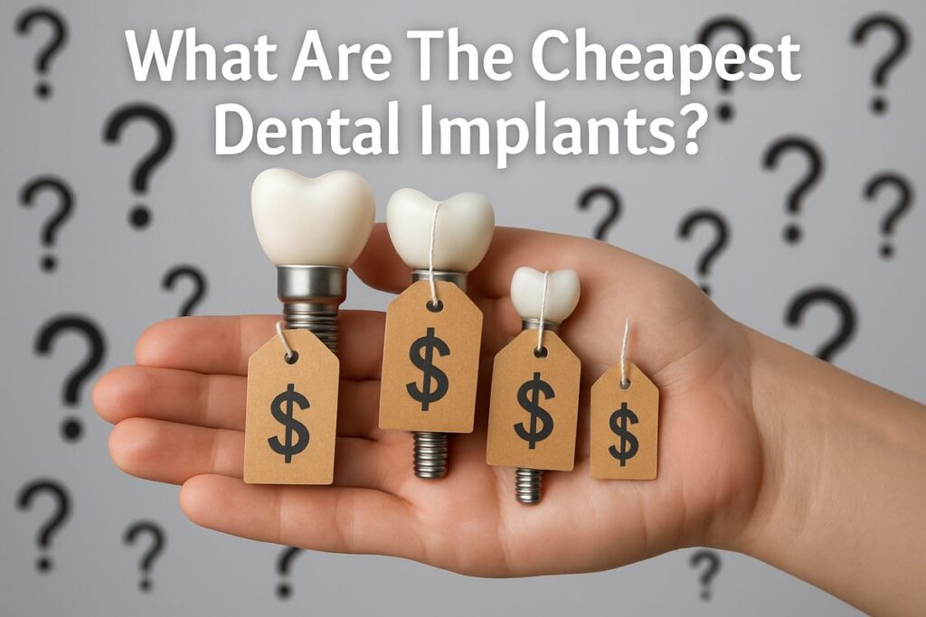 Photo of a person holding various sized dental implants in their hand with a price tag on each one, with question marks in the background. The text on the image should read "What Are The Cheapest Dental Implants?"