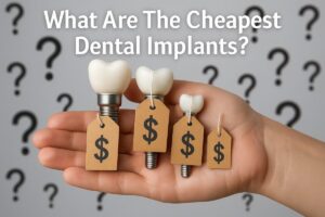Photo of a person holding various sized dental implants in their hand with a price tag on each one, with question marks in the background. The text on the image should read "What Are The Cheapest Dental Implants?"