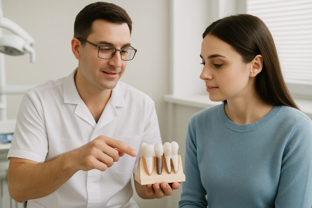 Image of a dentist explaining the process of getting a tooth implant to a patient using a model of a jaw with an implant in place. No text on image.