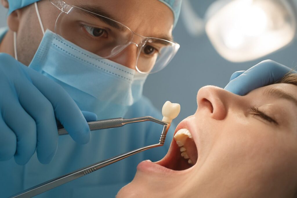 Close up image of a dentist placing an upper tooth implant into a patient's mouth, using surgical tools under bright operatory lights. No text on the image.
