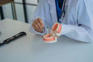 A person in a white coat holds dental forceps and gestures toward a model of human teeth on a white table; nearby are a stethoscope along with dental tools.